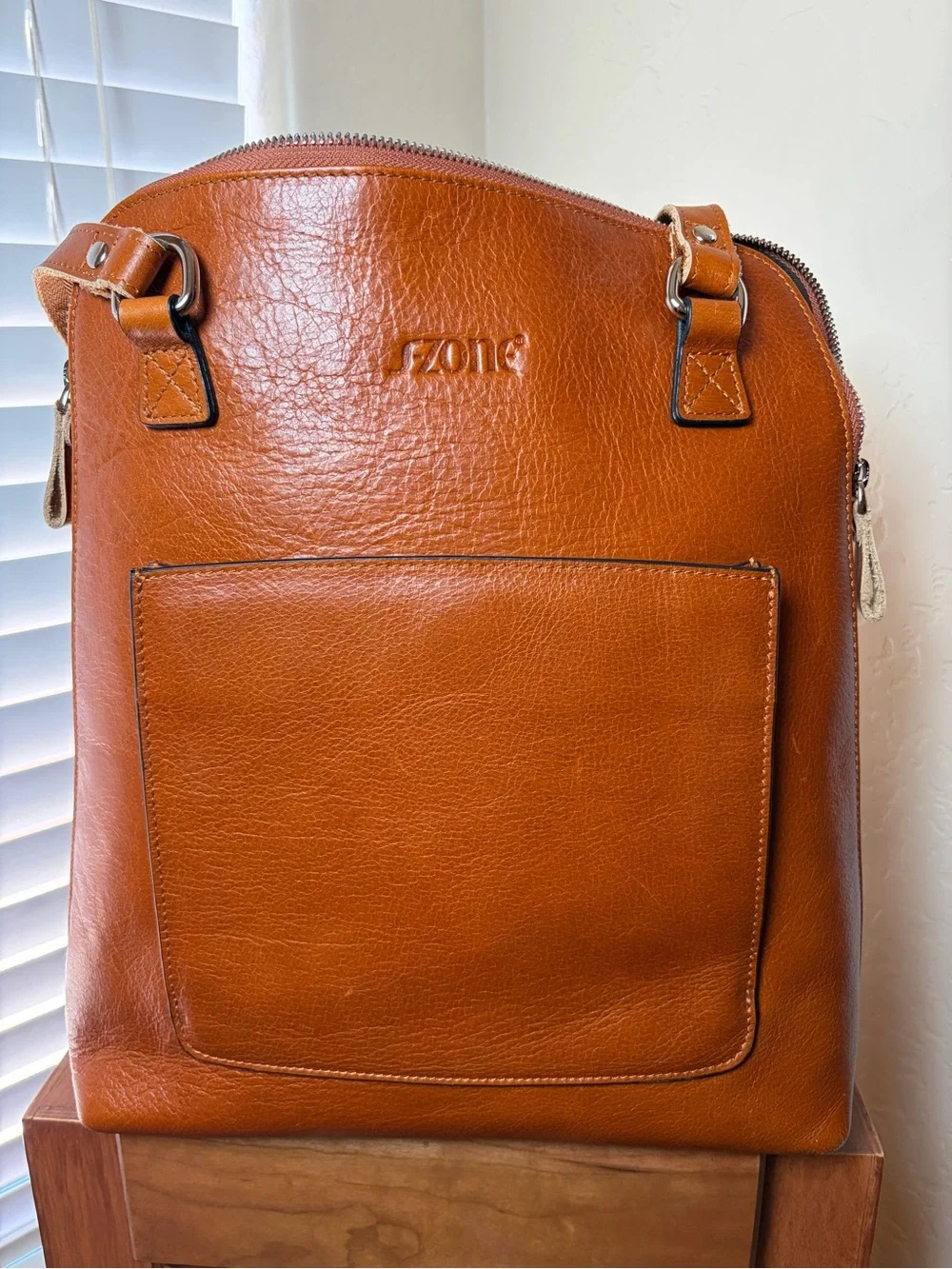 S-ZONE Genuine Leather Backpack Cognac Brown Laptop Travel Bag Unisex